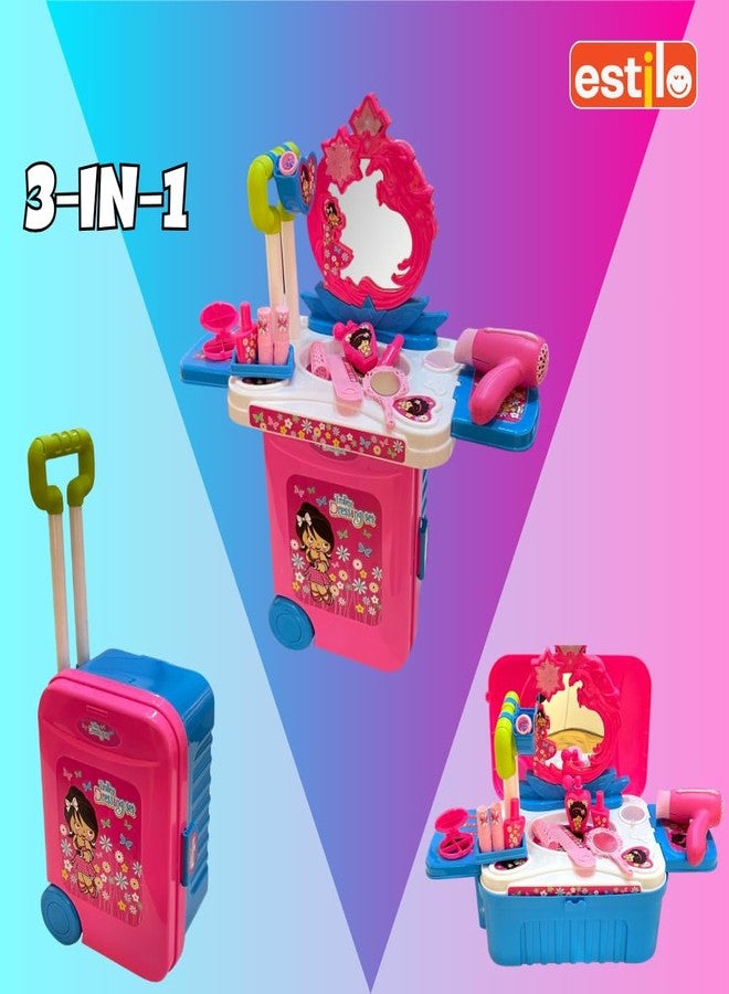 إستلو مجموعة مكياج إستيلو بيوتي للدمى، طقم مستحضرات تجميل 3 في 1، طاولة زينة محمولة، مجموعة لعب تمثيلية مع ملحقات مكياج للأطفال، بلاستيك (وردي)، 21 قطعة - Image 4